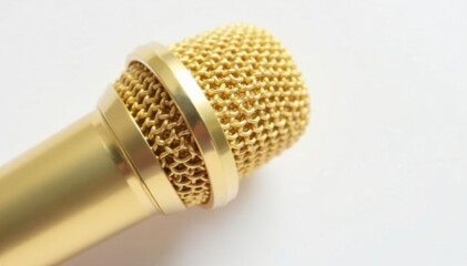 Close-up of a gold microphone on white background, golden, sound, abstract