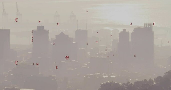 Silhouetted skyscraper cluster rising hazy dawn skyline with floating red tech symbols flat design
