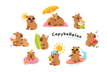 Set of cute summer capybaras in various poses and items. Hand drawn cartoon flat style. Vacation seasonal template for design, kids collection