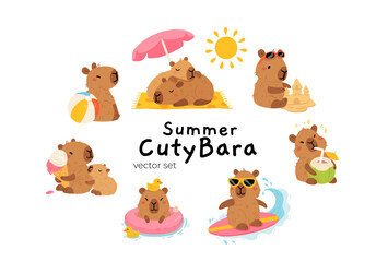 Set of cute summer capybaras in various poses and items. Hand drawn cartoon flat style. Vacation seasonal template for design, kids collection
