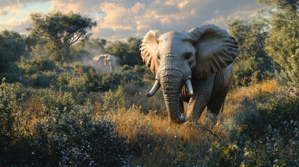 Fototapeta premium Majestic elephant emerges from the dense african brush at golden hour