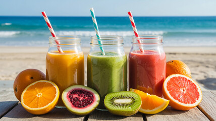 Tropical Fruit Smoothies on Wooden Table