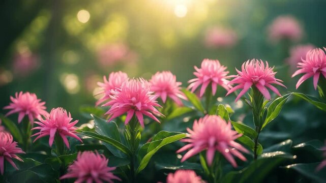 Pentas blossoms in a pink shade, illuminated by soft yellow sunlight and videographed closely.