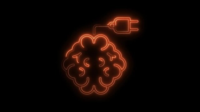 Artificial intelligence concept brain with electric plug and glowing neon style animation