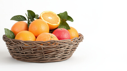 Rustic fruit basket filled with vibrant oranges and single red apple, showcasing freshness and natural beauty