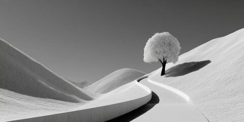 Black and White Minimalist Tree on Hill Illustration for Mobile Wallpaper