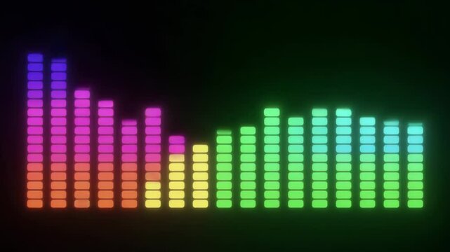 Digital audio equalizer with colorful segmented bars pulsing to music rhythm on black background, modern music visualizer animation, dynamic sound wave display for DJ, party