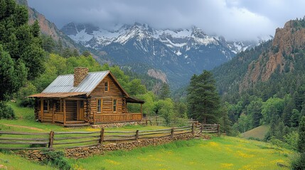 Obraz premium Rustic log cabin nestled in a mountain valley.