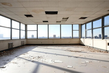 Haunting atmosphere captured in an abandoned hospital room with large windows letting in natural light