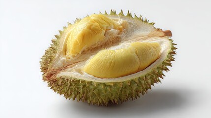 Fototapeta premium Half opened durian fruit with creamy yellow pulp, isolated on white background, high detail close-up