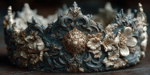 Intricate Ancient Crown Sculpture with Dramatic Lighting in Dark Setting