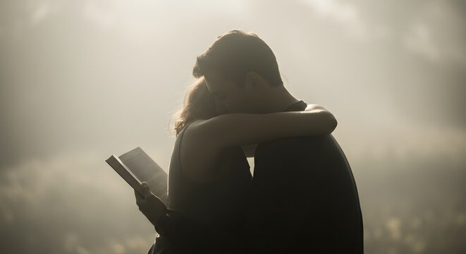Silhouetted Couple Embracing in Misty Forest, Holding Book
