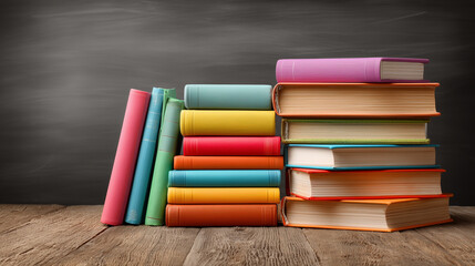Colorful Stack Of New Books On Wooden Surface