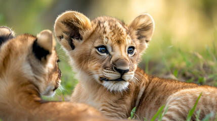 Lion Cubs Resting in Grass Adorable Cute Wildlife Animal Portrait