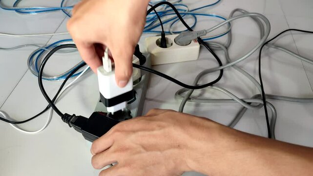 A man's hand is plugging in an overloaded electrical outlet, isolated on white