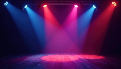 Stage bathed in colorful spotlights, dramatic shadows, colored lights, gobo