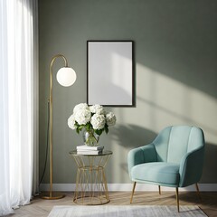 Frame mockup, ISO A paper size. Living room wall poster mockup. Interior mockup with house background. Modern interior design. 3D render 