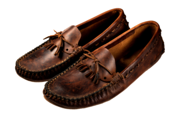 Classic brown leather moccasins with intricate stitching design