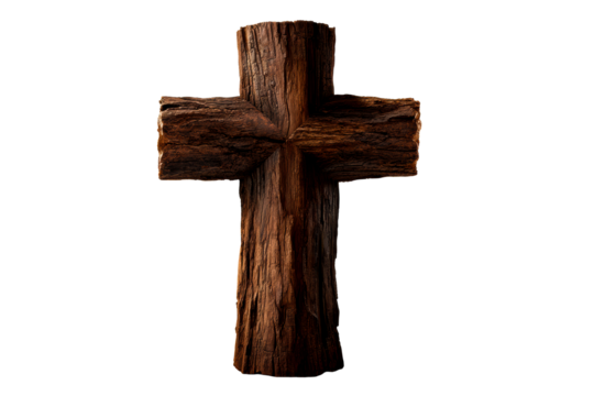 Wooden cross with rustic texture on transparent background