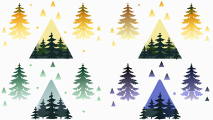 A pattern of stylized christmas trees and triangles in various colors on a white background image design