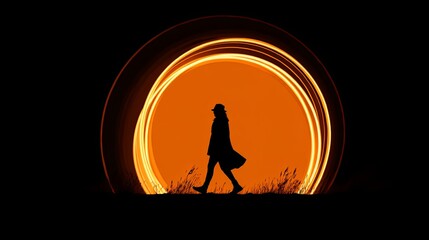 Fototapeta premium Bright Orange Circle Behind Person Walking Outdoors
