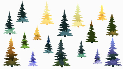 A collection of various colored christmas trees scattered on a white background in a whimsical style design