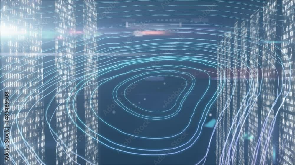 Poster glowing digital contour lines swirling in 3d data space, flanked by translucent binary code pillars