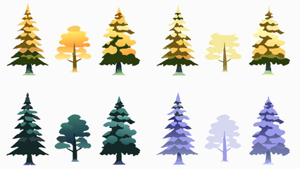 Illustration of various trees in shades of green, yellow, and purple on a white background scene