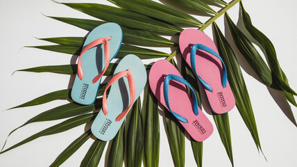 Vacation Flip Flops on Palm Leaf Background