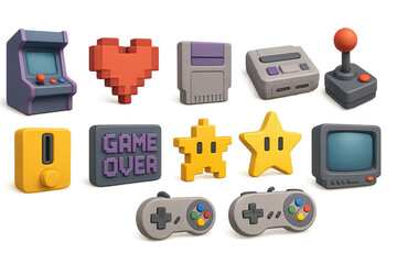Retro gaming icon set - 3d, classic arcade and console game symbols