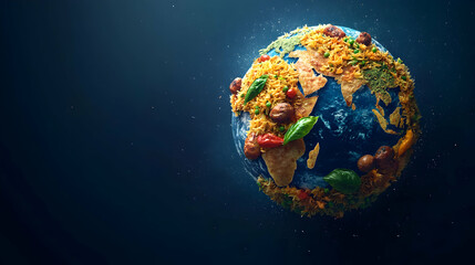 Global Cuisine Concept Earth Planet with Food Toppings, Savory World Food Representation, Geographic Gourmet Art Dark Background