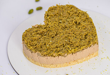 Heart-Shaped Pistachio Cake with Chocolate Mousse and Crumb Topping.