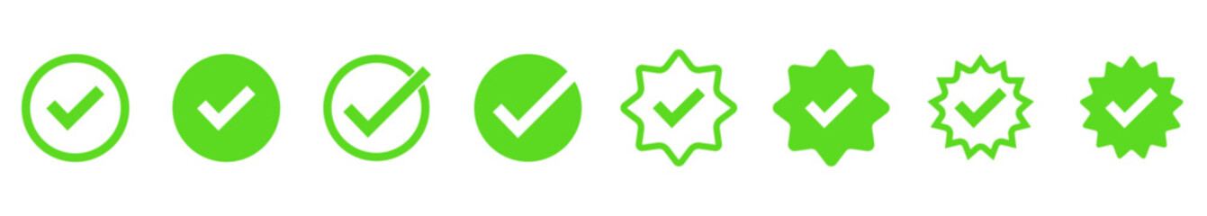 Green check mark icons set. Checkmark vector icon collection. Checked icon or correct choice sign. Check mark or checkbox pictogram. Vector illustration.
