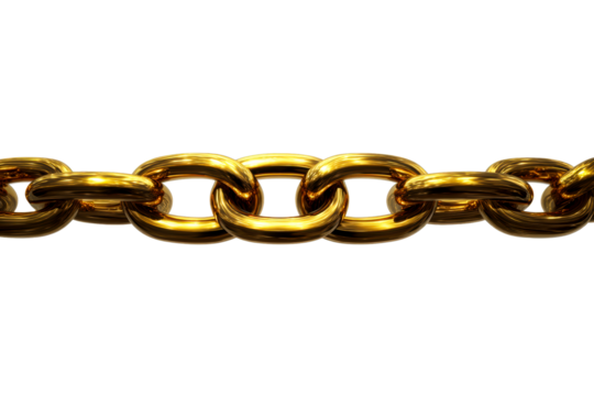 Shiny gold chain links against a transparent background