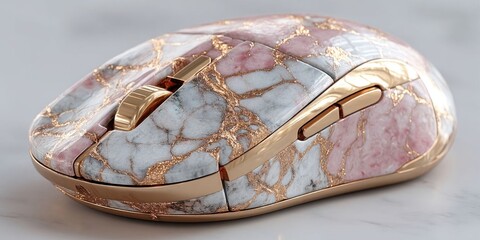 Elegant Rose Gold Marble Wireless Computer Mouse on Luxurious Silk Surface