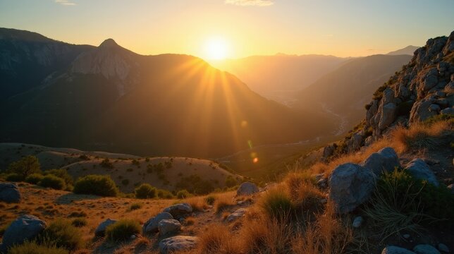 Bird's-eye view of Sierra de Castril, Spain, at dawn under sunny skies, highlighting the rugged landscape.