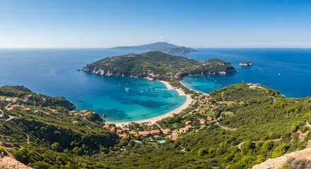 Fototapeta premium Coastal View with Turquoise Water and Lush Green Hills