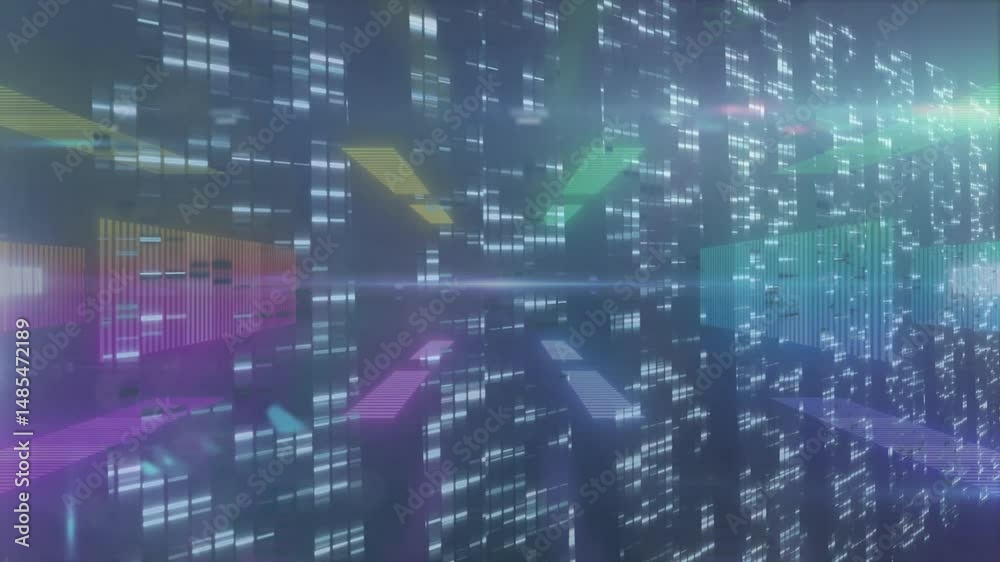 Poster neon bars floating through mirrored data tunnel, glowing blocks adding depth to digital planes