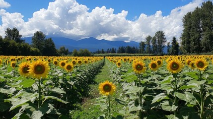 Obraz premium A field of sunflowers with a clear blue sky in the background