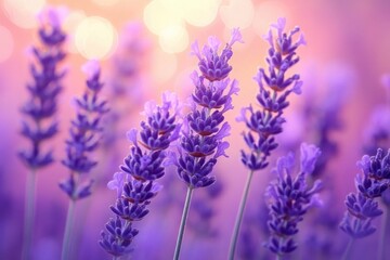 Naklejka premium Close-up of vibrant purple lavender flowers with soft golden bokeh background creating a calm and serene atmosphere