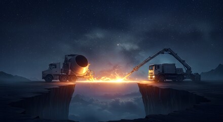 Construction Trucks Bridging a Gap with Light at Night