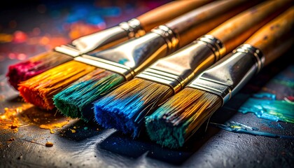 Fototapeta premium Closeup of Colorful Paintbrushes with Paint on a Dark Surface,abstract background, artistic, artwork, brush, colourful, colours, paint, paintbrush, painting, tool, vibrant, artist, palette, art, 