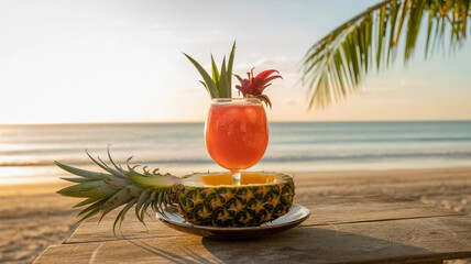 Cocktail with Pineapple and Flowers on Beach Table