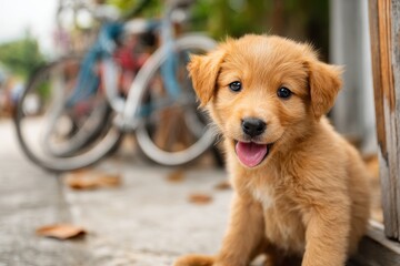 Adorable golden puppy outdoors, looking directly at viewer.