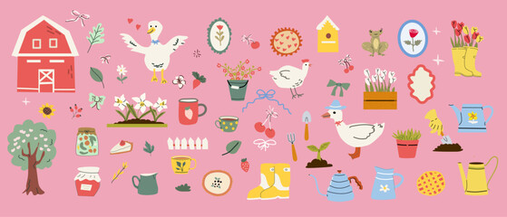 Charming cottagedecor with farm animals and floral elements for home design.