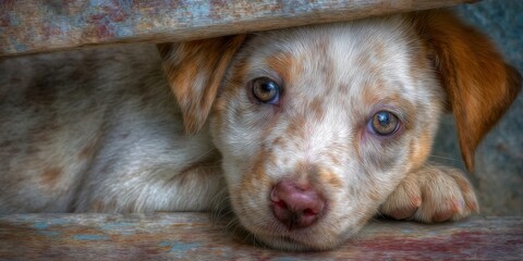 Close-up of a spotted puppy hiding.