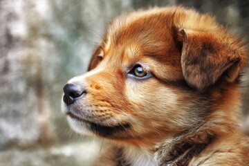 Close-up portrait of a young, fluffy puppy.
