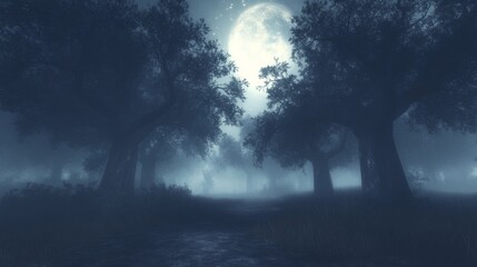 Naklejka premium Moonlit Foggy Forest Path at Night