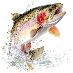 A leaping rainbow trout, splashing water, watercolor painting.