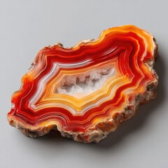 Striking banded agate slice.  A captivating,  colorful,  natural agate specimen, showcasing concentric, vibrant bands of red, orange, and white.  An internal cavity displays  crystal formations